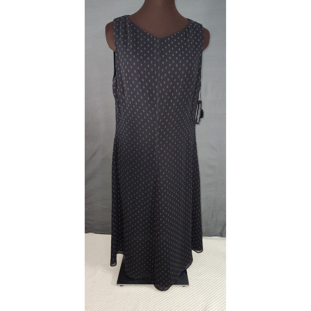 Tahari Black Tan Circle Print Sleeveless V Neck 100% Silk Flare Dress Sz 12 NWT